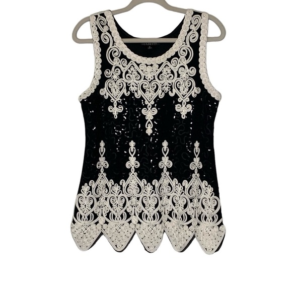 Juliette black and white embroidered sequined dressy tank top. Size M - Picture 1 of 9